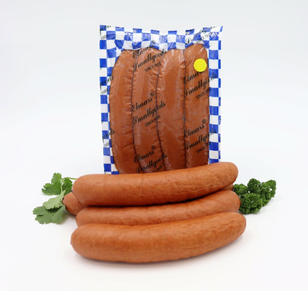 Small packet of Knacker Sausages, crafted by Elmar's Smallgoods.